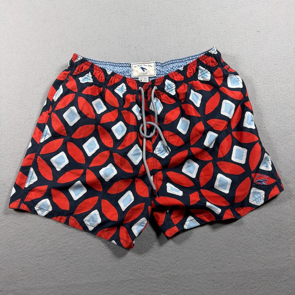 Ted Baker Swim Trunks Men 3 Medium Geometric Print Red Blue Regular Fit Retro